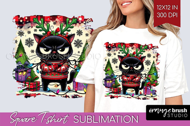 Christmas Cat Square Tshirt Background - Funny PNG Sublimation OrangeBrushStudio 