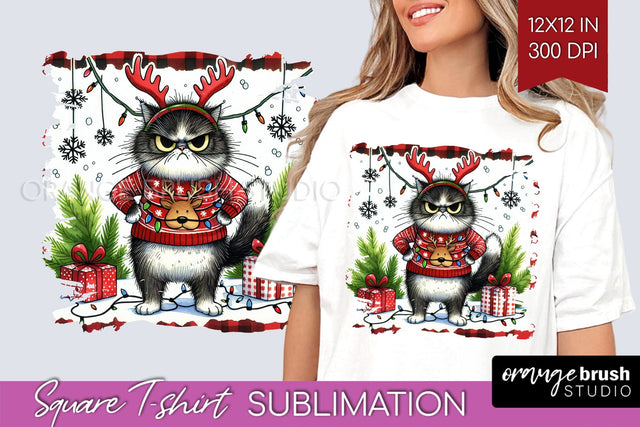 Christmas Cat Square Tshirt Background - Funny PNG Sublimation OrangeBrushStudio 