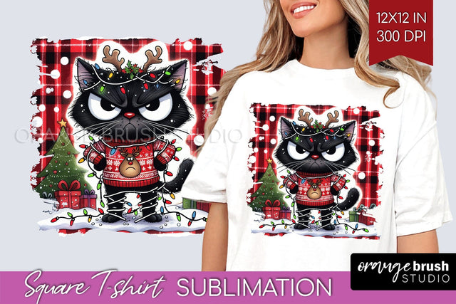 Christmas Cat Square Tshirt Background - Funny PNG Sublimation OrangeBrushStudio 