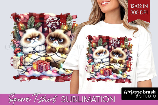 Christmas Cat Square Tshirt Background - Funny PNG Sublimation OrangeBrushStudio 