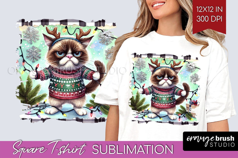 Christmas Cat Square Tshirt Background - Funny PNG Sublimation OrangeBrushStudio 