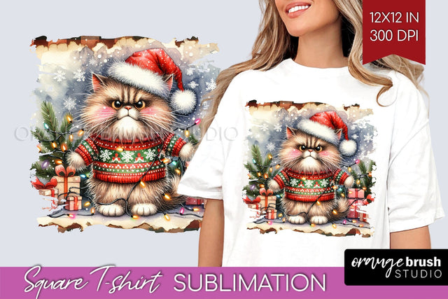 Christmas Cat Square Tshirt Background - Funny PNG Sublimation OrangeBrushStudio 