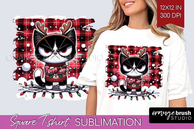 Christmas Cat Square Tshirt Background - Funny PNG Sublimation OrangeBrushStudio 