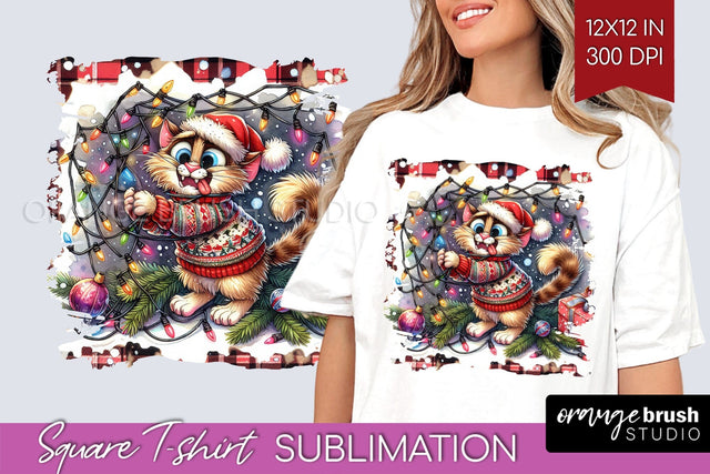 Christmas Cat Square Tshirt Background - Funny PNG Sublimation OrangeBrushStudio 