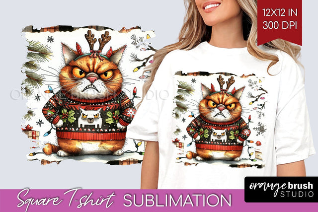 Christmas Cat Square Tshirt Background - Funny PNG Sublimation OrangeBrushStudio 