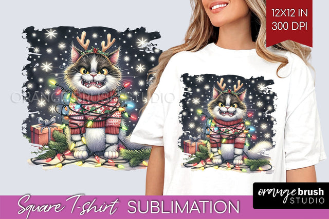 Christmas Cat Square Tshirt Background - Funny PNG Sublimation OrangeBrushStudio 