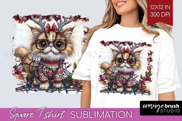 Christmas Cat Square Tshirt Background - Funny PNG Sublimation OrangeBrushStudio 