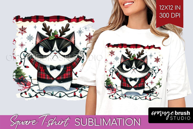 Christmas Cat Square Tshirt Background - Funny PNG Sublimation OrangeBrushStudio 