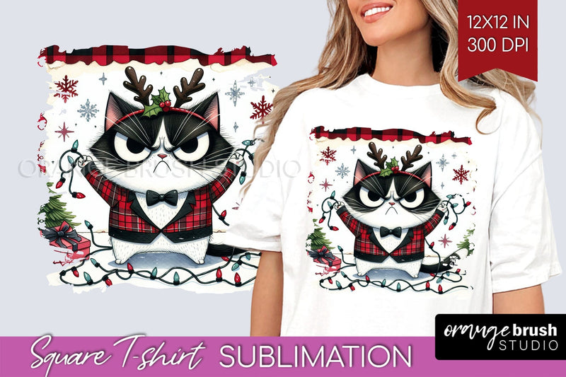 Christmas Cat Square Tshirt Background - Funny PNG Sublimation OrangeBrushStudio 