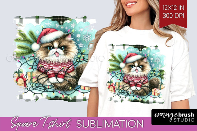 Christmas Cat Square Tshirt Background - Funny PNG Sublimation OrangeBrushStudio 