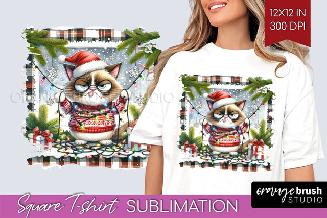 Christmas Cat Square Tshirt Background - Funny PNG Sublimation OrangeBrushStudio 