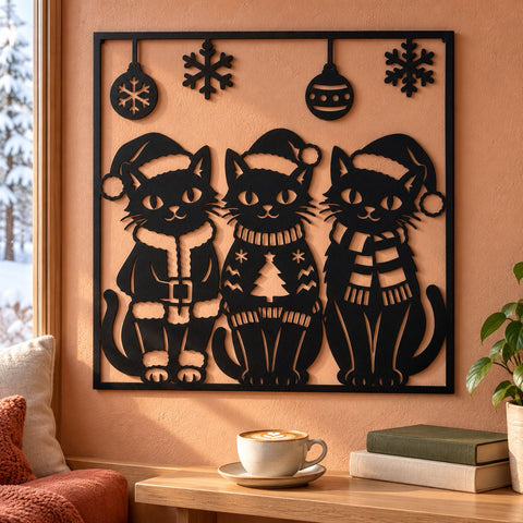 Christmas Cat Trio Laser SVG | Three Festive Cats DXF | Santa Hat Cat Metal Wall Art | Holiday Plasma CNC Cutting File SVG HappyDesignStudio 
