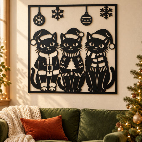 Christmas Cat Trio Laser SVG | Three Festive Cats DXF | Santa Hat Cat Metal Wall Art | Holiday Plasma CNC Cutting File SVG HappyDesignStudio 