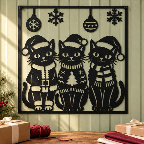 Christmas Cat Trio Laser SVG | Three Festive Cats DXF | Santa Hat Cat Metal Wall Art | Holiday Plasma CNC Cutting File SVG HappyDesignStudio 