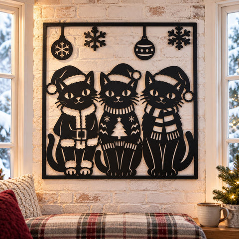 Christmas Cat Trio Laser SVG | Three Festive Cats DXF | Santa Hat Cat Metal Wall Art | Holiday Plasma CNC Cutting File SVG HappyDesignStudio 