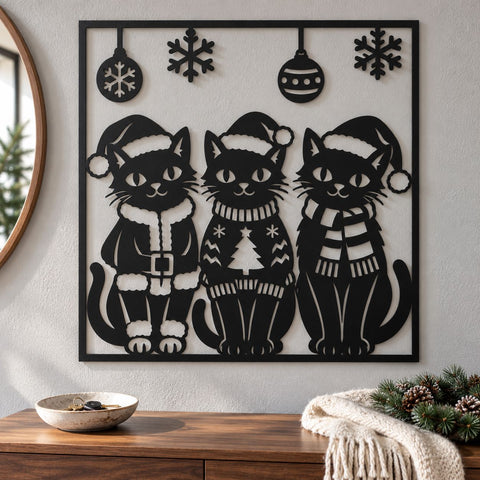Christmas Cat Trio Laser SVG | Three Festive Cats DXF | Santa Hat Cat Metal Wall Art | Holiday Plasma CNC Cutting File SVG HappyDesignStudio 