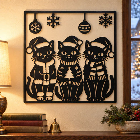 Christmas Cat Trio Laser SVG | Three Festive Cats DXF | Santa Hat Cat Metal Wall Art | Holiday Plasma CNC Cutting File SVG HappyDesignStudio 
