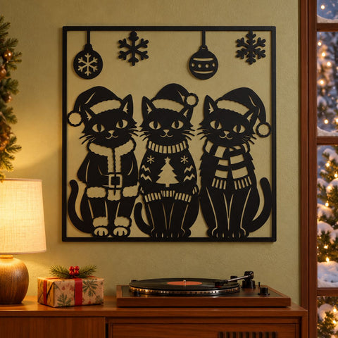 Christmas Cat Trio Laser SVG | Three Festive Cats DXF | Santa Hat Cat Metal Wall Art | Holiday Plasma CNC Cutting File SVG HappyDesignStudio 