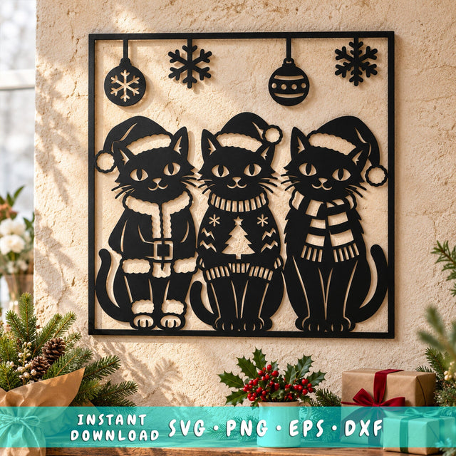 Christmas Cat Trio Laser SVG | Three Festive Cats DXF | Santa Hat Cat Metal Wall Art | Holiday Plasma CNC Cutting File SVG HappyDesignStudio 