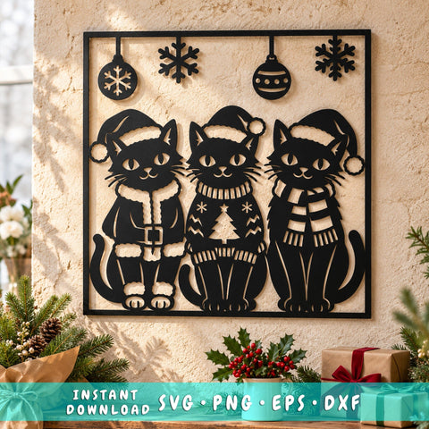 Christmas Cat Trio Laser SVG | Three Festive Cats DXF | Santa Hat Cat Metal Wall Art | Holiday Plasma CNC Cutting File SVG HappyDesignStudio 