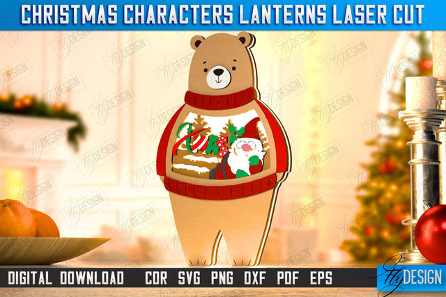 Christmas Characters Lantern Laser Cut | Tabletop Statuette | Christmas Lantern | Holidays Decorations | Bear | CNC File SVG Fly Design 