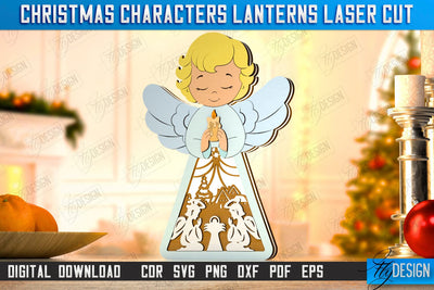 Christmas Characters Lantern Laser Cut | Tabletop Statuette | Christmas Lantern | Holidays Decorations | Christmas Angel | CNC File SVG Fly Design 