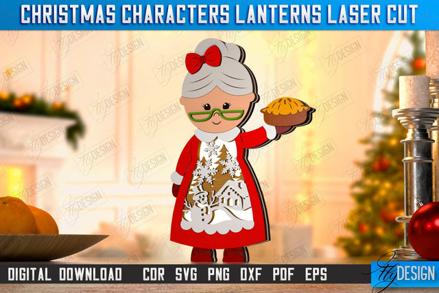 Christmas Characters Lantern Laser Cut | Tabletop Statuette | Christmas Lantern | Holidays Decorations | Mrs. Claus | CNC File SVG Fly Design 