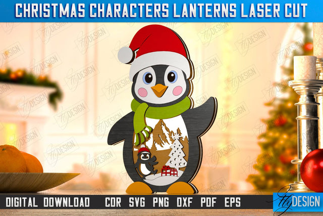 Christmas Characters Lantern Laser Cut | Tabletop Statuette | Christmas Lantern | Holidays Decorations | Penguin | CNC File SVG Fly Design 