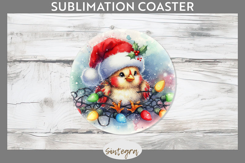 Christmas Chicken Entangled in Lights Round Coaster Sublimation Sublimation Sintegra 