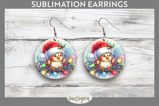 Christmas Chicken Entangled in Lights Round Earrings Sublimation Sublimation Sintegra 