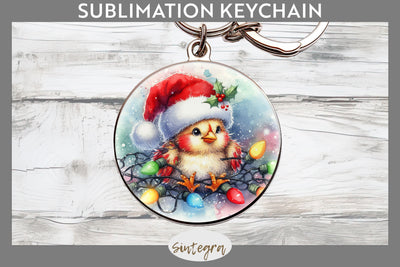 Christmas Chicken Entangled in Lights Round Keychain Sublimation Sublimation Sintegra 