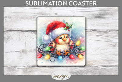Christmas Chicken Entangled in Lights Square Coaster Sublimation Sublimation Sintegra 