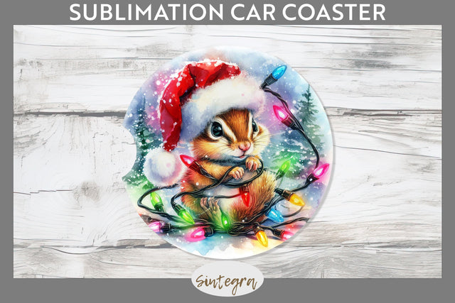 Christmas Chipmunk Entangled in Lights Car Coaster Sublimation Sublimation Sintegra 