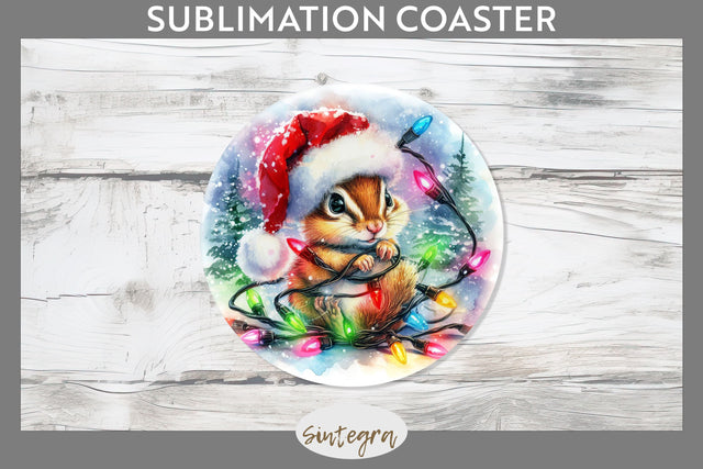 Christmas Chipmunk Entangled in Lights Round Coaster Sublimation Sublimation Sintegra 