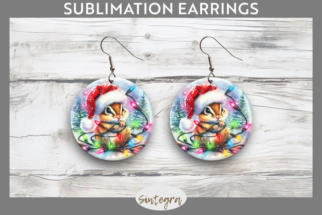 Christmas Chipmunk Entangled in Lights Round Earrings Sublimation Sublimation Sintegra 
