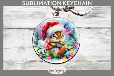 Christmas Chipmunk Entangled in Lights Round Keychain Sublimation Sublimation Sintegra 