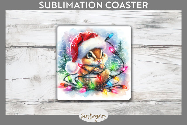 Christmas Chipmunk Entangled in Lights Square Coaster Sublimation Sublimation Sintegra 