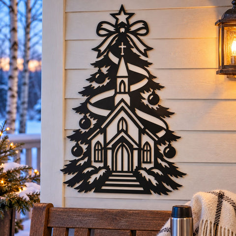 Christmas Church Tree Laser SVG | Christian Christmas DXF | Chapel Metal Wall Art | Religious Holiday Plasma CNC Cutting File SVG HappyDesignStudio 