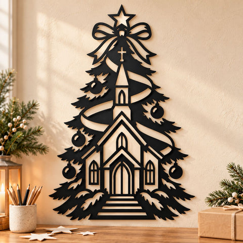 Christmas Church Tree Laser SVG | Christian Christmas DXF | Chapel Metal Wall Art | Religious Holiday Plasma CNC Cutting File SVG HappyDesignStudio 