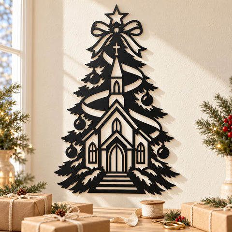 Christmas Church Tree Laser SVG | Christian Christmas DXF | Chapel Metal Wall Art | Religious Holiday Plasma CNC Cutting File SVG HappyDesignStudio 