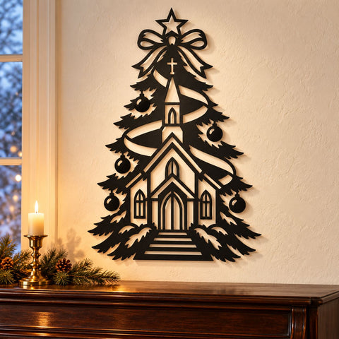 Christmas Church Tree Laser SVG | Christian Christmas DXF | Chapel Metal Wall Art | Religious Holiday Plasma CNC Cutting File SVG HappyDesignStudio 