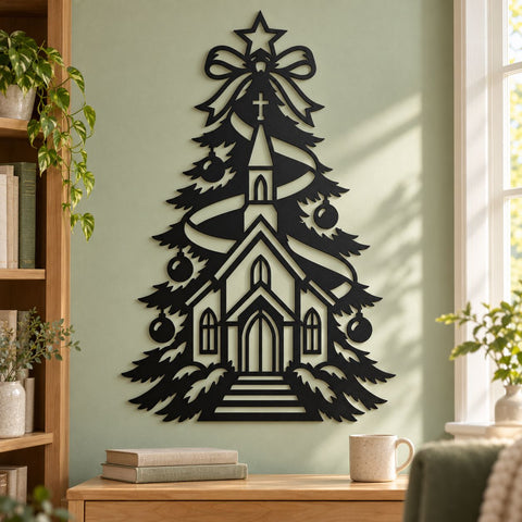 Christmas Church Tree Laser SVG | Christian Christmas DXF | Chapel Metal Wall Art | Religious Holiday Plasma CNC Cutting File SVG HappyDesignStudio 