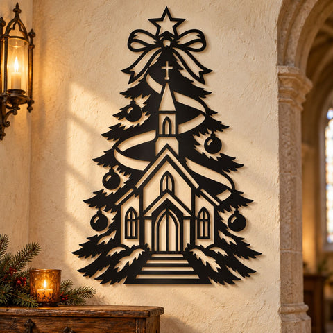 Christmas Church Tree Laser SVG | Christian Christmas DXF | Chapel Metal Wall Art | Religious Holiday Plasma CNC Cutting File SVG HappyDesignStudio 