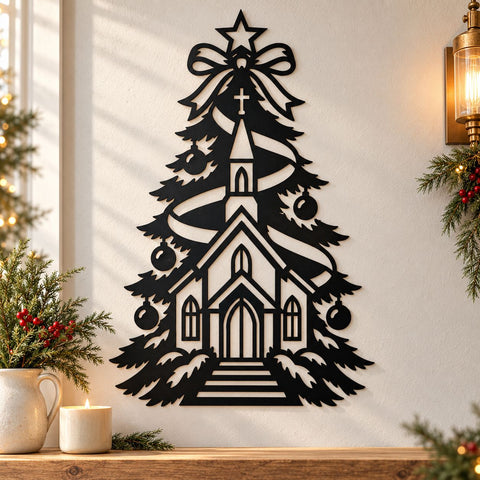 Christmas Church Tree Laser SVG | Christian Christmas DXF | Chapel Metal Wall Art | Religious Holiday Plasma CNC Cutting File SVG HappyDesignStudio 
