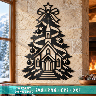 Christmas Church Tree Laser SVG | Christian Christmas DXF | Chapel Metal Wall Art | Religious Holiday Plasma CNC Cutting File SVG HappyDesignStudio 