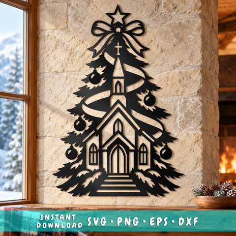 Christmas Church Tree Laser SVG | Christian Christmas DXF | Chapel Metal Wall Art | Religious Holiday Plasma CNC Cutting File SVG HappyDesignStudio 