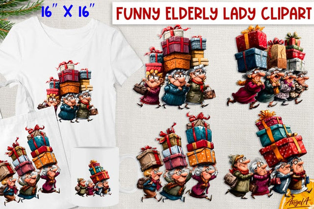 Christmas clipart Best friends clipart old lady Shopping PNG Sublimation Angelina Semenova 