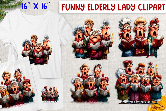 Christmas clipart Best friends clipart old lady sing songs Sublimation Angelina Semenova 