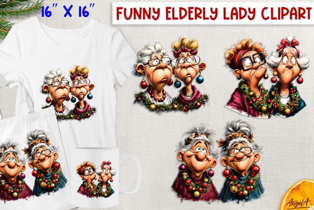 Christmas clipart best friends Funny elderly old lady PNG Sublimation Angelina Semenova 