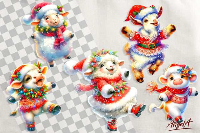 Christmas clipart, cute farm animals clipart, cow, goat, Sublimation Angelina Semenova 